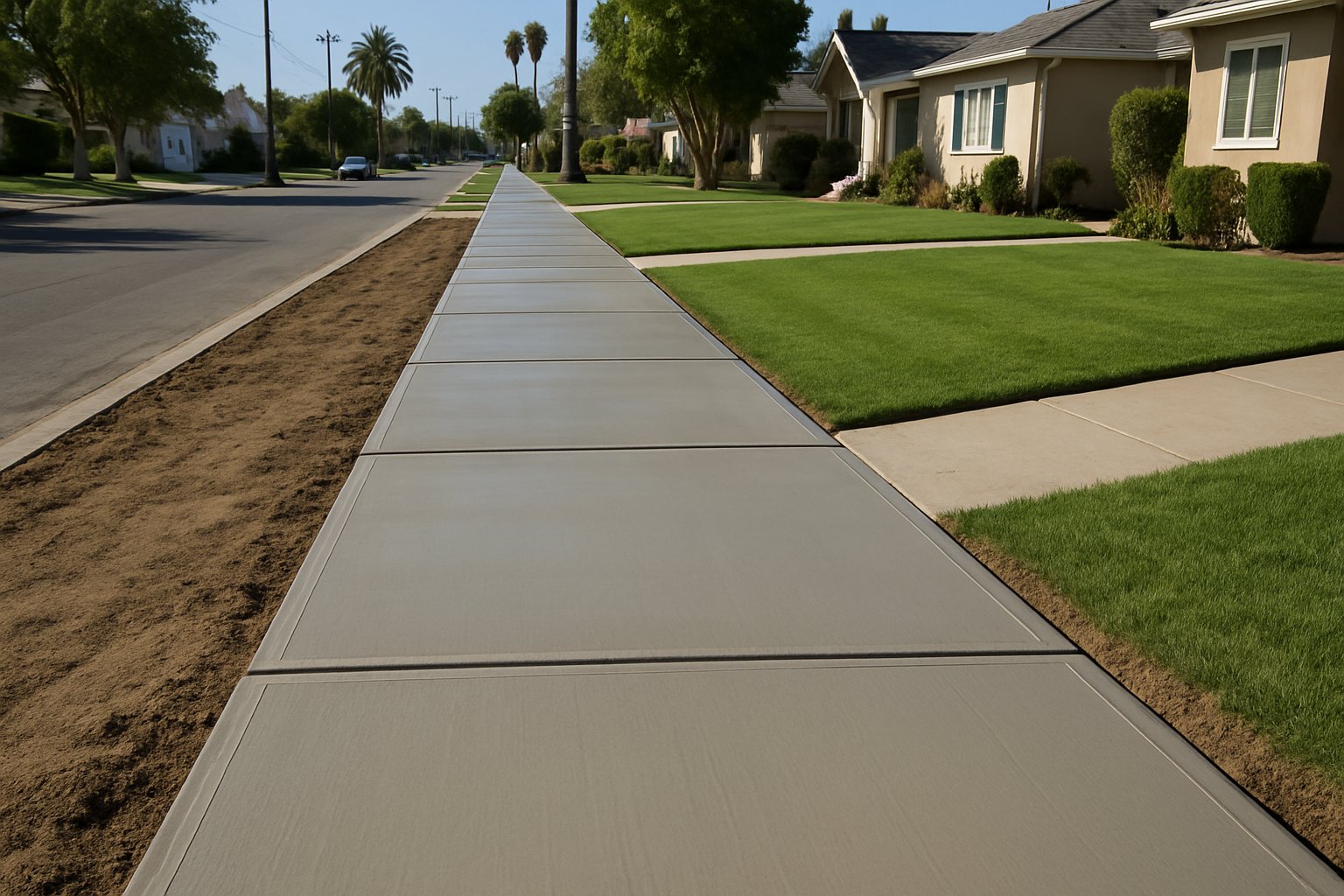 Fresh concrete sidewalk being floated
